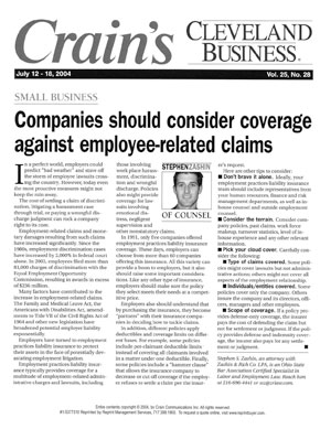 Companies should consider coverage against employee-related claims, By Stephen Zashin